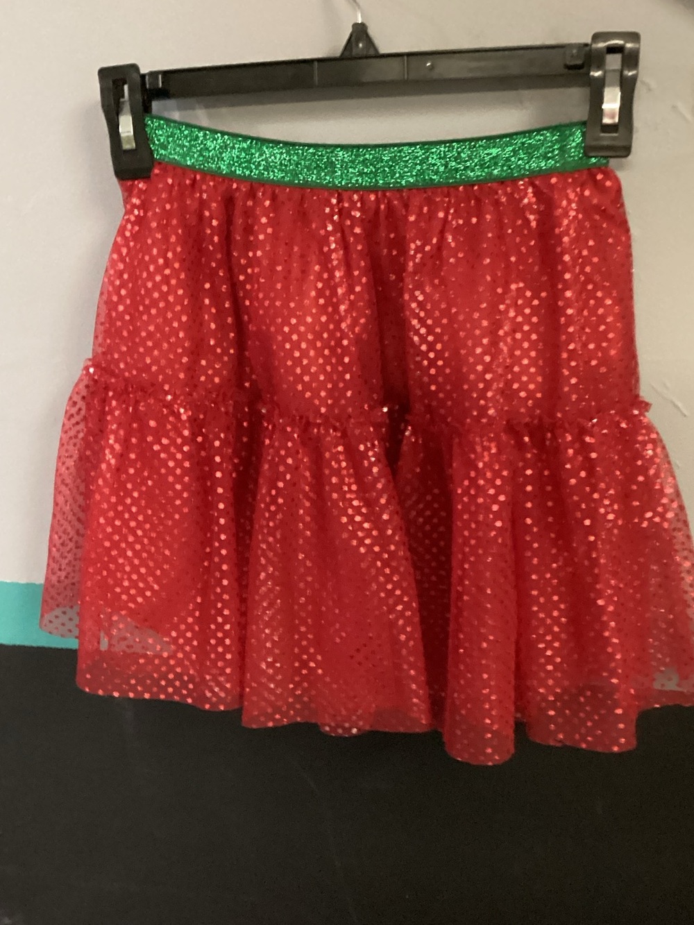 Holiday Time Red Tiered Tulle Skirt with Green Glitter Waistband